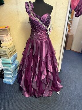 Strapless Ruffled Plum Evening Gown with Embellished Accents
